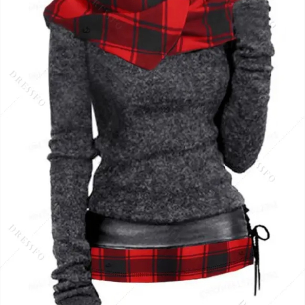 Dresslily Gray Cowl Neck Sweater with Plaid Accents